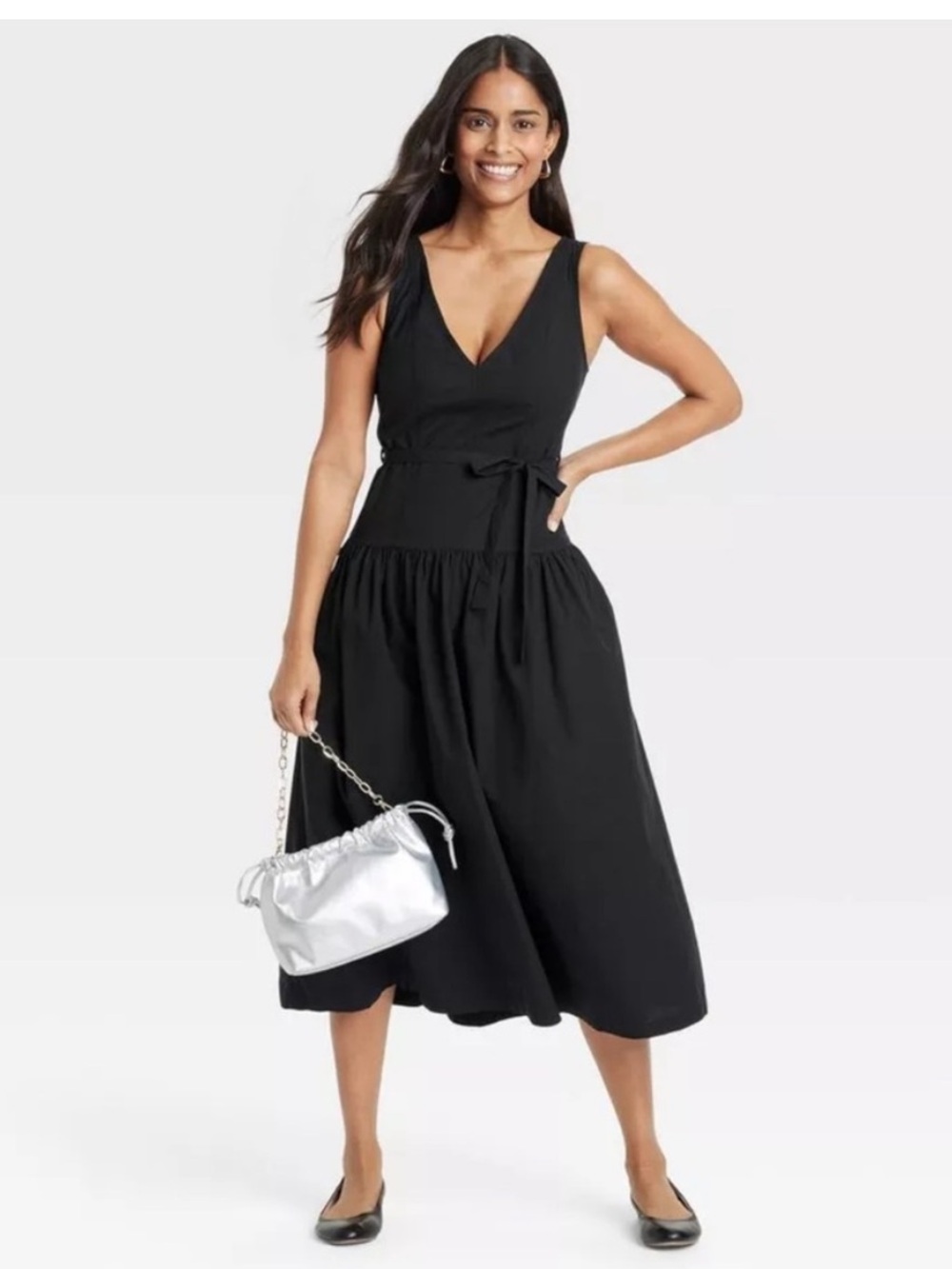 Universal Thread Black V-Neck A-Line Sleeveless Midi Dress Tie-Waist NWT L